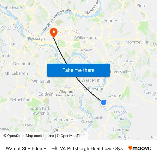 Walnut St + Eden Park to VA Pittsburgh Healthcare System map