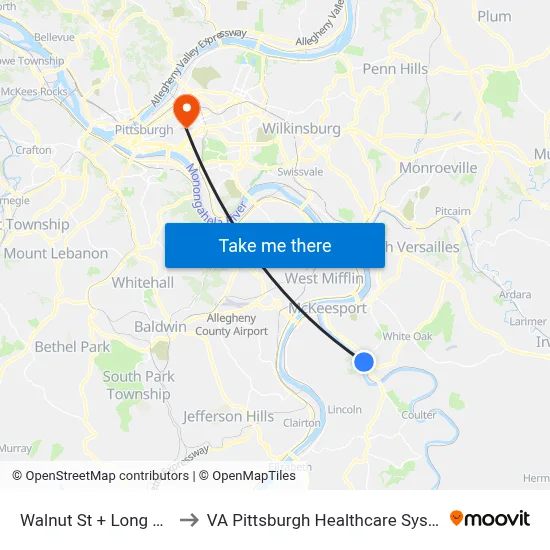 Walnut St + Long Run to VA Pittsburgh Healthcare System map