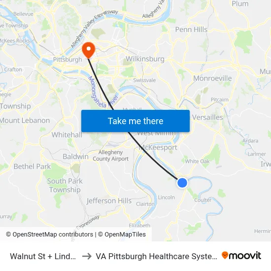 Walnut St + Linden to VA Pittsburgh Healthcare System map