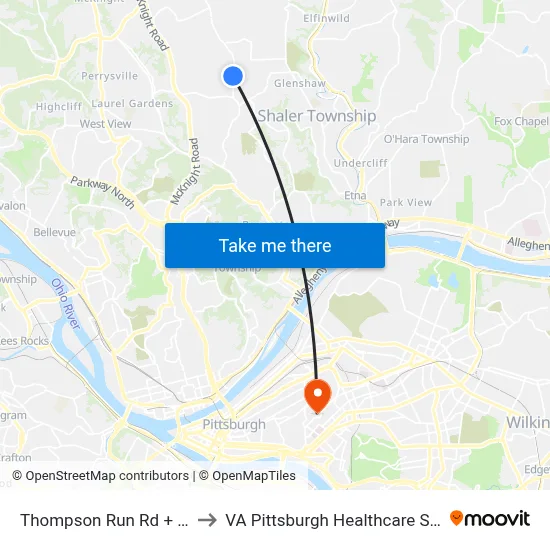 Thompson Run Rd + Hodil to VA Pittsburgh Healthcare System map