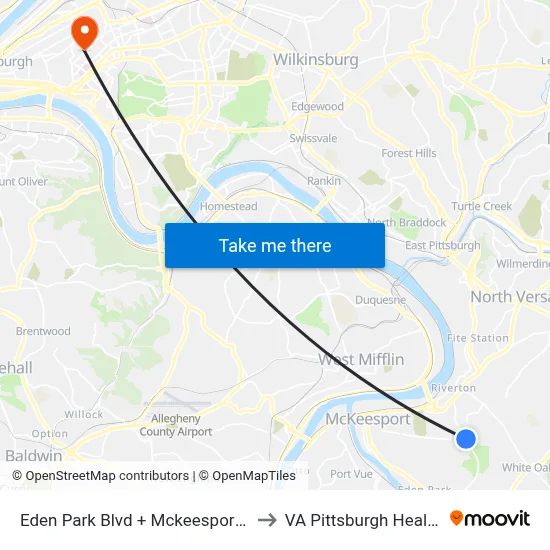 Eden Park Blvd + Mckeesport High School Drvwy to VA Pittsburgh Healthcare System map