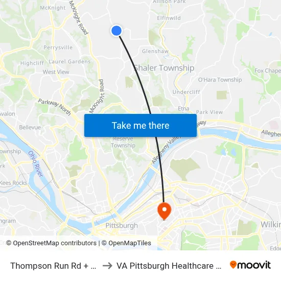 Thompson Run Rd + Sutter to VA Pittsburgh Healthcare System map