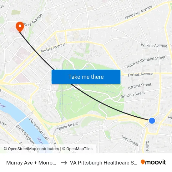 Murray Ave + Morrowfield to VA Pittsburgh Healthcare System map