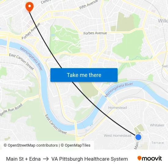 Main St + Edna to VA Pittsburgh Healthcare System map