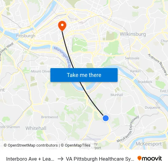 Interboro Ave + Leaside to VA Pittsburgh Healthcare System map