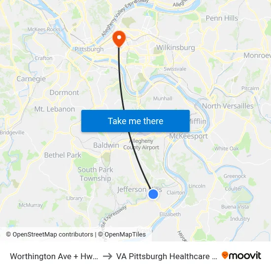 Worthington Ave + Hwy Rt 51 to VA Pittsburgh Healthcare System map