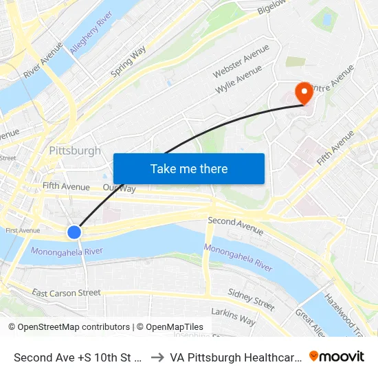 Second Ave +S 10th St Bridge FS to VA Pittsburgh Healthcare System map