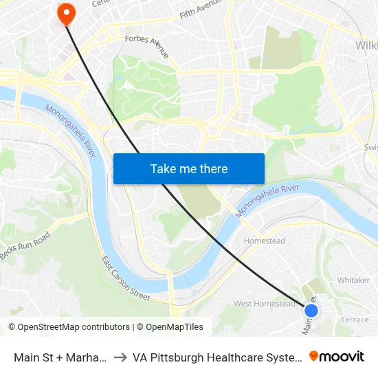 Main St + Marham to VA Pittsburgh Healthcare System map