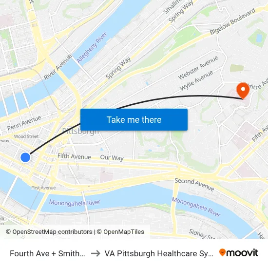 Fourth Ave + Smithfield to VA Pittsburgh Healthcare System map