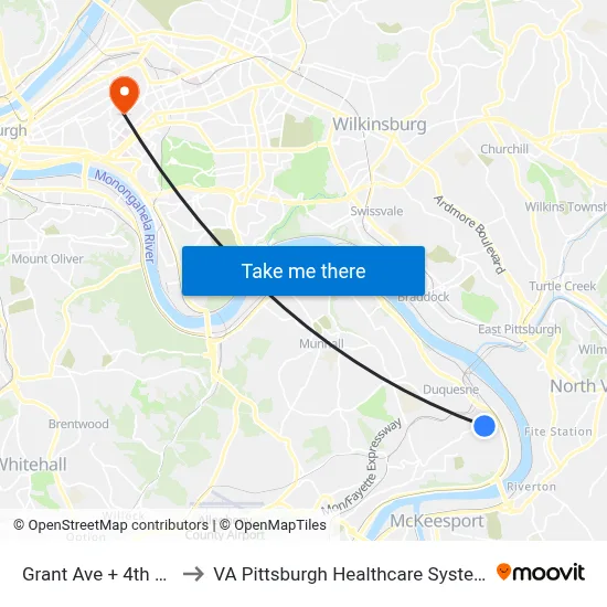 Grant Ave + 4th FS to VA Pittsburgh Healthcare System map