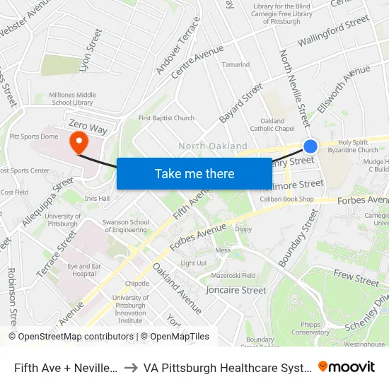 Fifth Ave + Neville St to VA Pittsburgh Healthcare System map