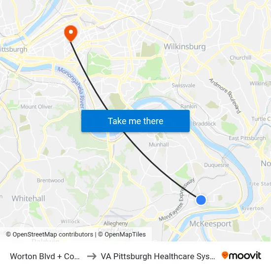 Worton Blvd + Conlin to VA Pittsburgh Healthcare System map