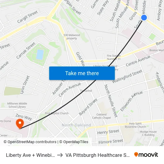 Liberty Ave + Winebiddle to VA Pittsburgh Healthcare System map