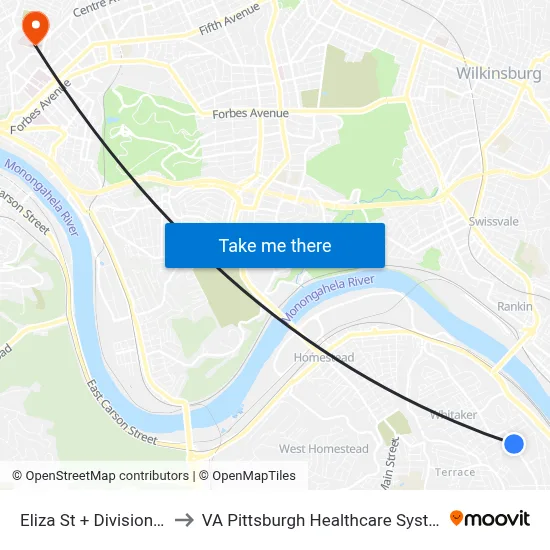 Eliza St + Division St to VA Pittsburgh Healthcare System map