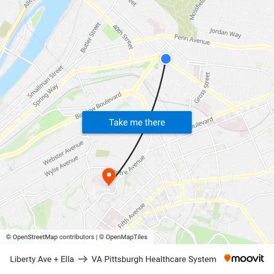 Liberty Ave + Ella to VA Pittsburgh Healthcare System map