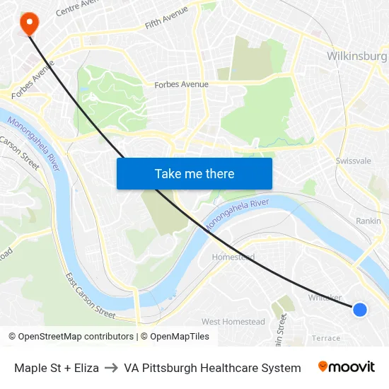 Maple St + Eliza to VA Pittsburgh Healthcare System map