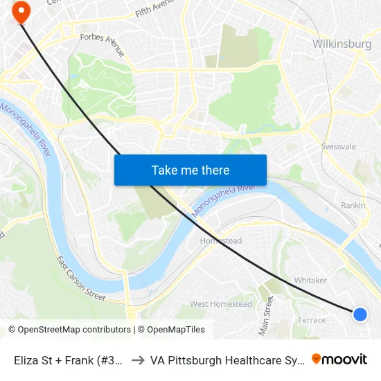 Eliza St + Frank (#3932) to VA Pittsburgh Healthcare System map