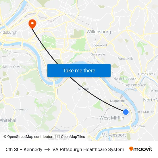 5th St + Kennedy to VA Pittsburgh Healthcare System map