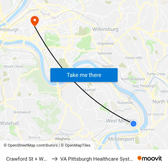Crawford St + Wool to VA Pittsburgh Healthcare System map