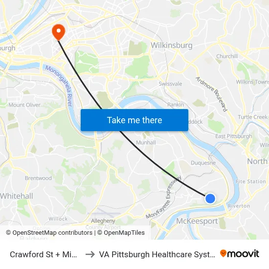 Crawford St + Mifflin to VA Pittsburgh Healthcare System map