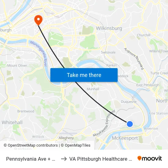 Pennsylvania Ave + Mellon to VA Pittsburgh Healthcare System map
