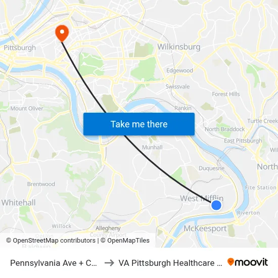 Pennsylvania Ave + Carnegie to VA Pittsburgh Healthcare System map