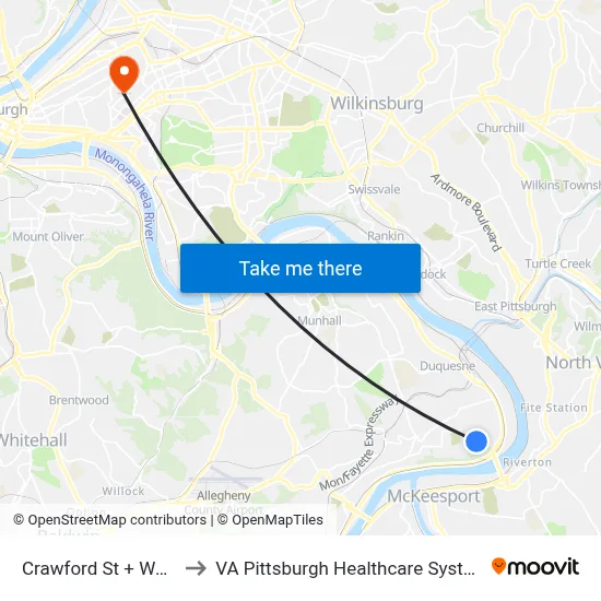 Crawford St + Wool to VA Pittsburgh Healthcare System map