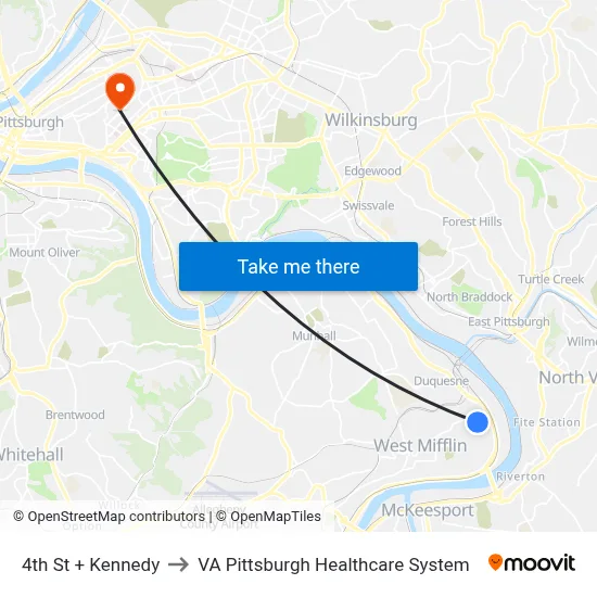 4th St + Kennedy to VA Pittsburgh Healthcare System map