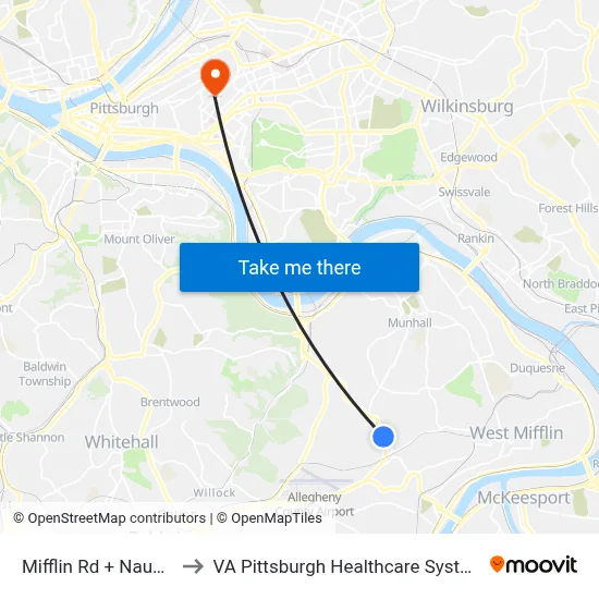 Mifflin Rd + Naugle to VA Pittsburgh Healthcare System map