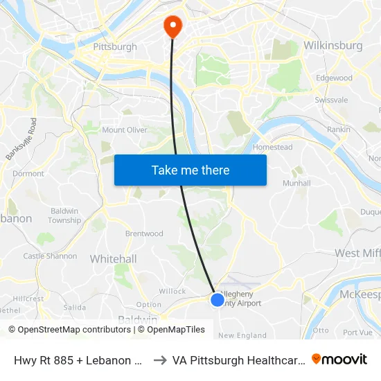 Hwy Rt 885 + Lebanon Church FS to VA Pittsburgh Healthcare System map