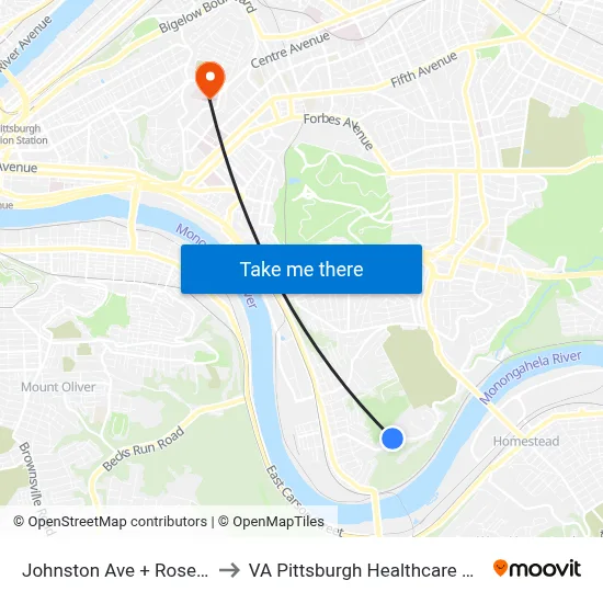Johnston Ave + Roselle FS to VA Pittsburgh Healthcare System map