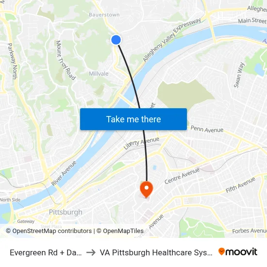 Evergreen Rd + David to VA Pittsburgh Healthcare System map
