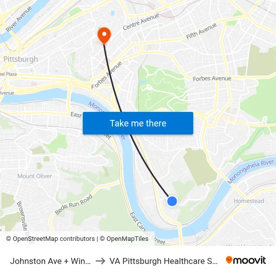 Johnston Ave + Winston to VA Pittsburgh Healthcare System map