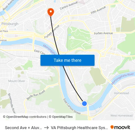 Second Ave + Aluvian to VA Pittsburgh Healthcare System map