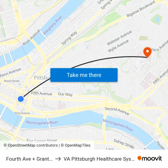 Fourth Ave + Grant FS to VA Pittsburgh Healthcare System map