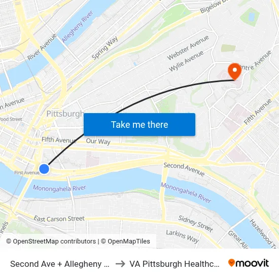 Second Ave + Allegheny County Jail to VA Pittsburgh Healthcare System map