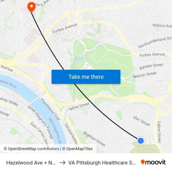 Hazelwood Ave + Notley to VA Pittsburgh Healthcare System map