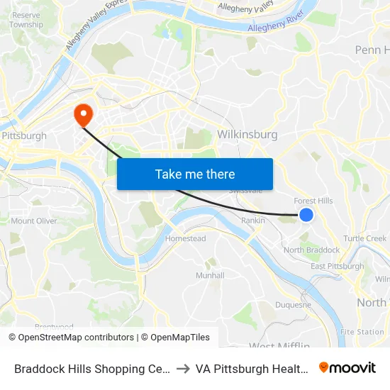 Braddock Hills Shopping Center + Storefront to VA Pittsburgh Healthcare System map