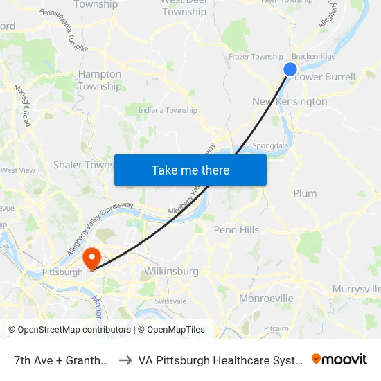 7th Ave + Grantham to VA Pittsburgh Healthcare System map