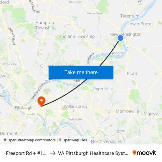 Freeport Rd + #153 to VA Pittsburgh Healthcare System map