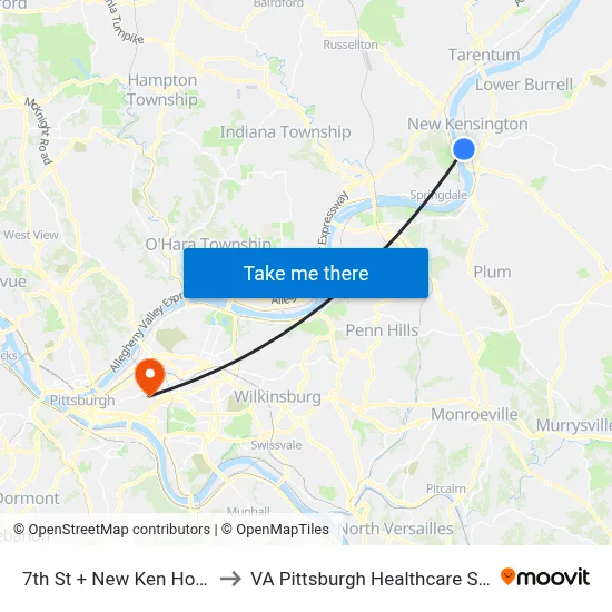 7th St + New Ken Hospital to VA Pittsburgh Healthcare System map