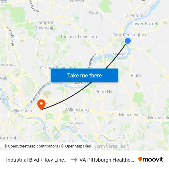 Industrial Blvd + Key Lincoln-Mercury to VA Pittsburgh Healthcare System map