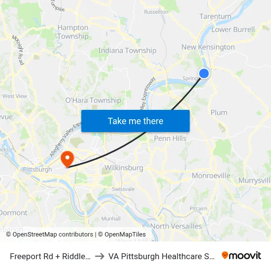 Freeport Rd + Riddle Run to VA Pittsburgh Healthcare System map