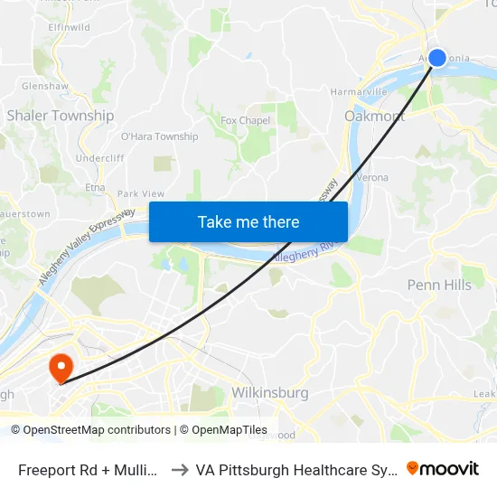 Freeport Rd + Mulligans to VA Pittsburgh Healthcare System map