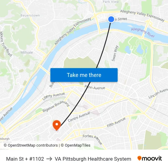Main St + #1102 to VA Pittsburgh Healthcare System map
