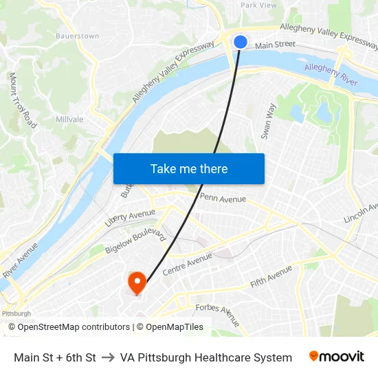 Main St + 6th St to VA Pittsburgh Healthcare System map