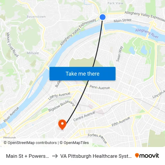 Main St + Powers St to VA Pittsburgh Healthcare System map