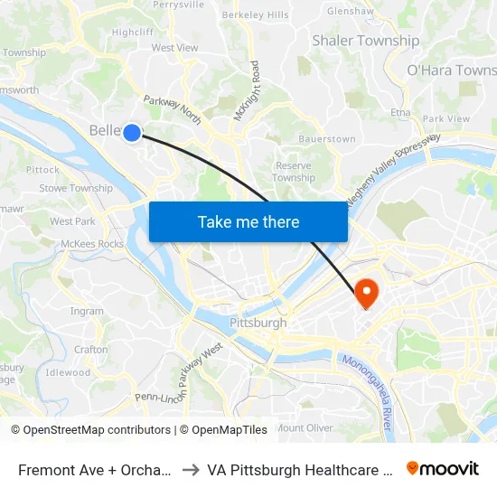 Fremont Ave + Orchard Ave to VA Pittsburgh Healthcare System map