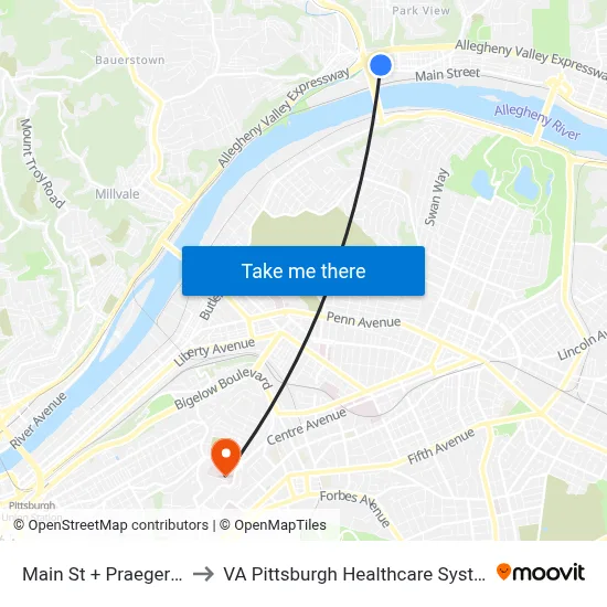 Main St + Praeger St to VA Pittsburgh Healthcare System map