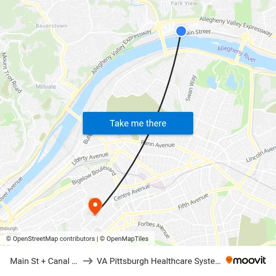 Main St + Canal St to VA Pittsburgh Healthcare System map